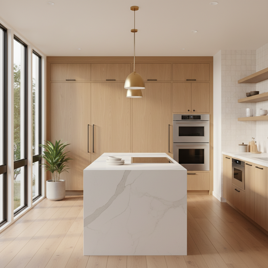 Upscale kitchen with integrated refrigerator and wall oven