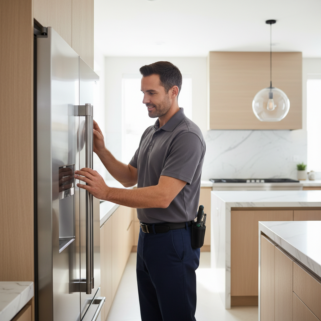 Professional appliance technician inspecting a built-in refrigerator